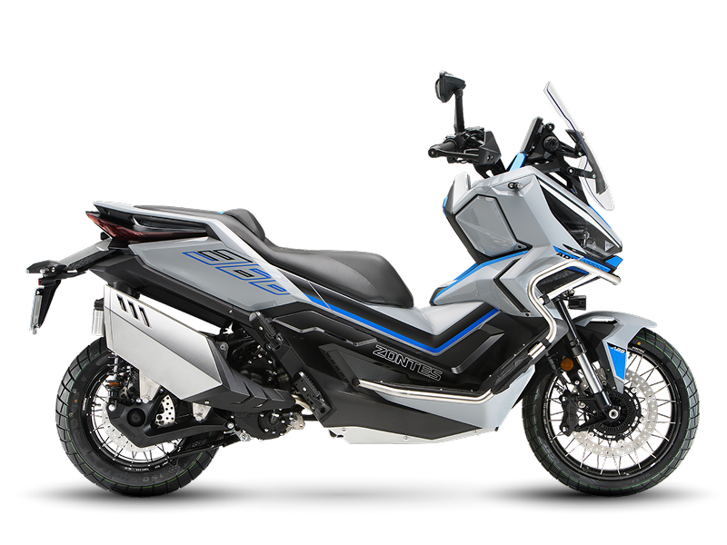 Zontes motos en Uruguay - Zontes 368G con perfil completo, ruedas de dibujo mixto y un conjunto amplio pensado para recorrer. Zontes motos en Uruguay - Zontes 368G en blanco, negro y azul con parabrisas alto, defensas delanteras y una silueta adventure bien definida.