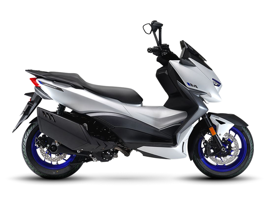 Zontes motos en Uruguay - Zontes 368M en color claro con silueta urbana, parte baja negra y detalles deportivos azules. Zontes motos en Uruguay - Scooter Zontes 368M de carroceria clara con perfil lateral completo, asiento corrido y llantas azules.