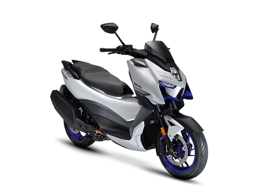 Zontes motos en Uruguay - Scooter 368M con postura diagonal, superficies tensas y detalles azules en la parte frontal. Zontes motos en Uruguay - Zontes 368M de color claro con frente y lateral visibles, llanta delantera azul y carenado anguloso.