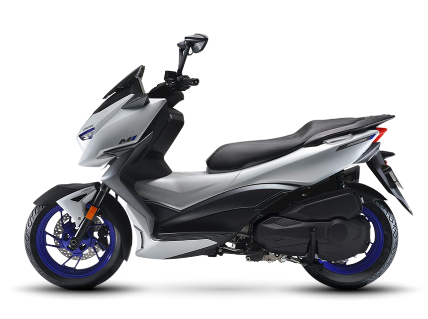 Zontes motos en Uruguay - Scooter 368M con perfil lateral completo, parte inferior negra y rueda trasera de acento azul. Zontes motos en Uruguay - Zontes 368M mostrando el lateral opuesto con llanta trasera azul, asiento corrido y conjunto mecanico integrado.
