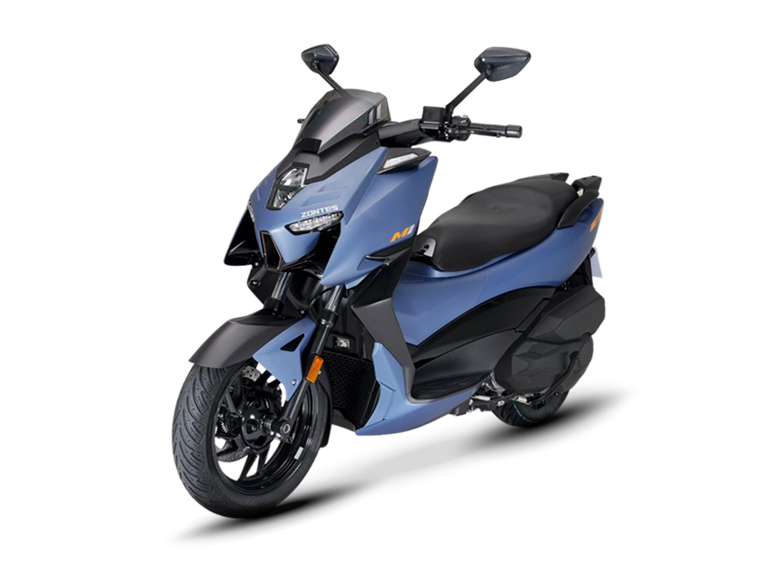 Zontes motos en Uruguay - Scooter 368M azul con superficies tensas, asiento amplio y perfil delantero deportivo. Zontes motos en Uruguay - Zontes 368M azul con carroceria compacta, frente anguloso y rueda delantera visible.