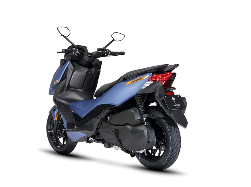 Zontes motos en Uruguay - Scooter 368M azul con cola elevada, suspension lateral y rueda posterior a la vista. Zontes motos en Uruguay - Zontes 368M azul con parte trasera lateral, luz roja visible y escape integrado.