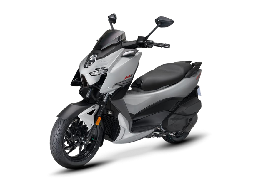 Zontes motos en Uruguay - Zontes 368M gris con postura diagonal, asiento amplio y detalles rojos en el carenado lateral. Zontes motos en Uruguay - Scooter Zontes 368M gris con frente anguloso, lateral visible y carroceria en dos tonos.