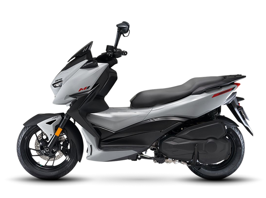 Zontes motos en Uruguay - Scooter 368M gris con perfil lateral completo, carroceria estilizada y cola de lineas limpias. Zontes motos en Uruguay - Zontes 368M gris mostrando el lateral opuesto con asiento corrido, ruedas oscuras y parte mecanica integrada.