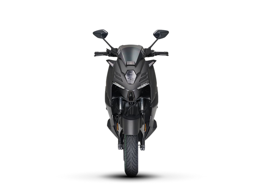 Zontes motos en Uruguay - Parte delantera del 368M negro con faro central, lineas rectas y presencia sobria. Zontes motos en Uruguay - Frente del Zontes 368M negro con espejos elevados, rueda centrada y carenado frontal simetrico.