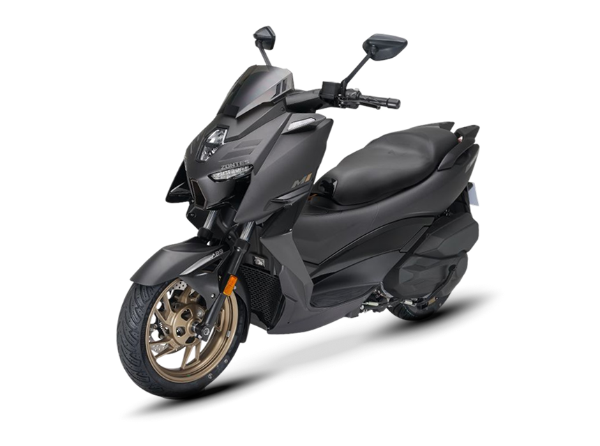 Zontes motos en Uruguay - Zontes 368M negro con postura diagonal, paneles oscuros y sector frontal bien marcado. Zontes motos en Uruguay - Scooter Zontes 368M negro con frente anguloso, lateral visible y llanta delantera color bronce.