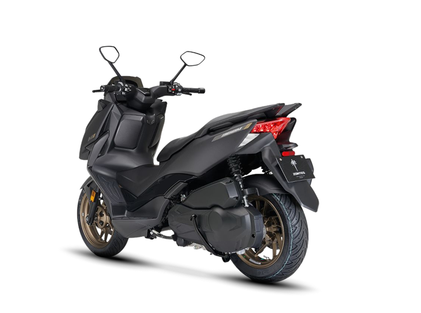 Zontes motos en Uruguay - Scooter 368M negro mostrando su zona posterior con suspension lateral y cola de lineas firmes. Zontes motos en Uruguay - Zontes 368M negro con parte trasera lateral visible, luz roja encendida y llanta posterior color bronce.
