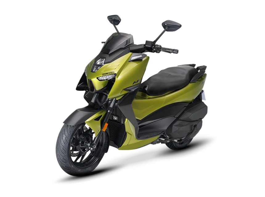 Zontes motos en Uruguay - Zontes 368M verde con postura diagonal, paneles contrastados y parte frontal compacta. Zontes motos en Uruguay - Scooter Zontes 368M verde con frente anguloso, lateral visible y rueda delantera en primer termino.