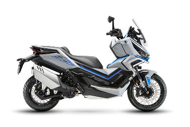 Zontes motos en Uruguay - Scooter Zontes 368G en color gris con detalles azules, parabrisas alto y ruedas de rayos.