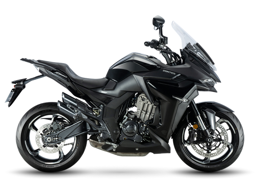 Zontes motos en Uruguay - Zontes 350X en negro con una presencia intensa, escape lateral alto y trazos de estilo touring. Zontes motos en Uruguay - Zontes 350X negra con parabrisas elevado, carenado afilado y una figura de perfil robusto y actual.