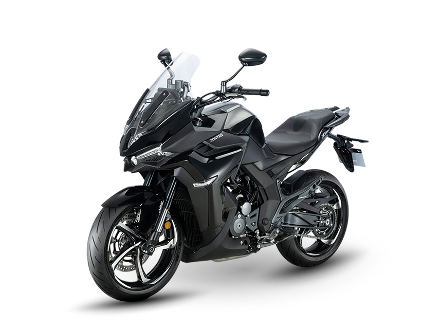 Zontes motos en Uruguay - Zontes 350X negra con un conjunto anguloso, frente elevado y detalles que refuerzan su estilo sport touring. Zontes motos en Uruguay - Zontes 350X negra con parabrisas transparente, carenado estilizado y una silueta dinamica de gran personalidad.