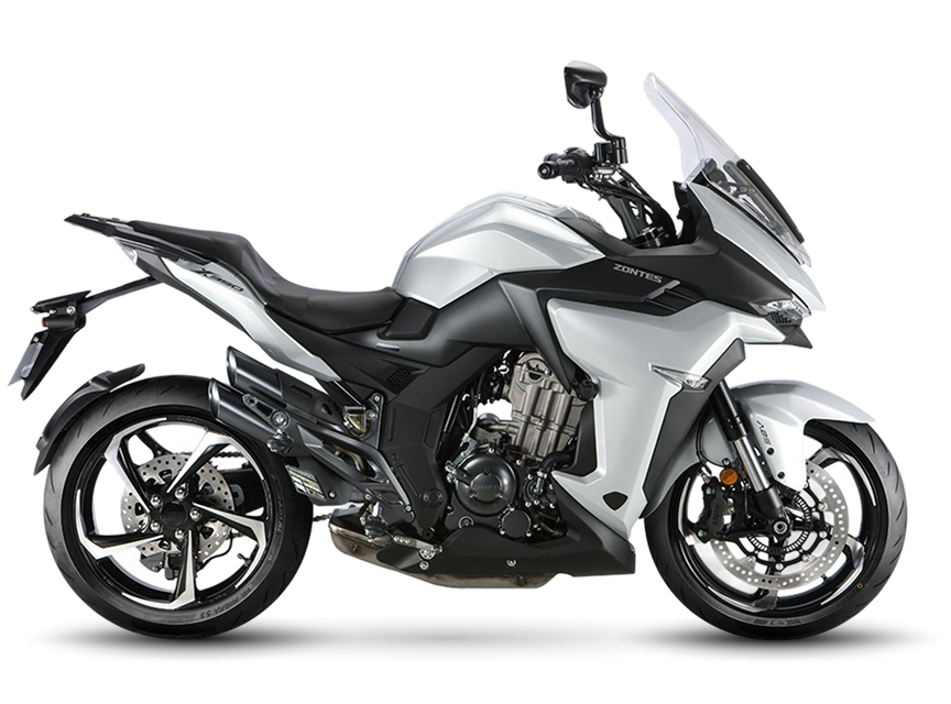 Zontes motos en Uruguay - Zontes 350X gris claro con perfil definido, asiento corrido y una presencia moderna orientada al viaje. Zontes motos en Uruguay - Zontes 350X en gris claro con parabrisas alto, carenado anguloso y escape lateral doble integrado.