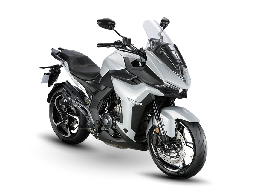 Zontes motos en Uruguay - Zontes 350X en gris claro con parabrisas transparente, trazos modernos y una presencia frontal muy marcada. Zontes motos en Uruguay - Zontes 350X gris claro con frente elevado, carenado envolvente y una figura compacta de rasgos firmes.