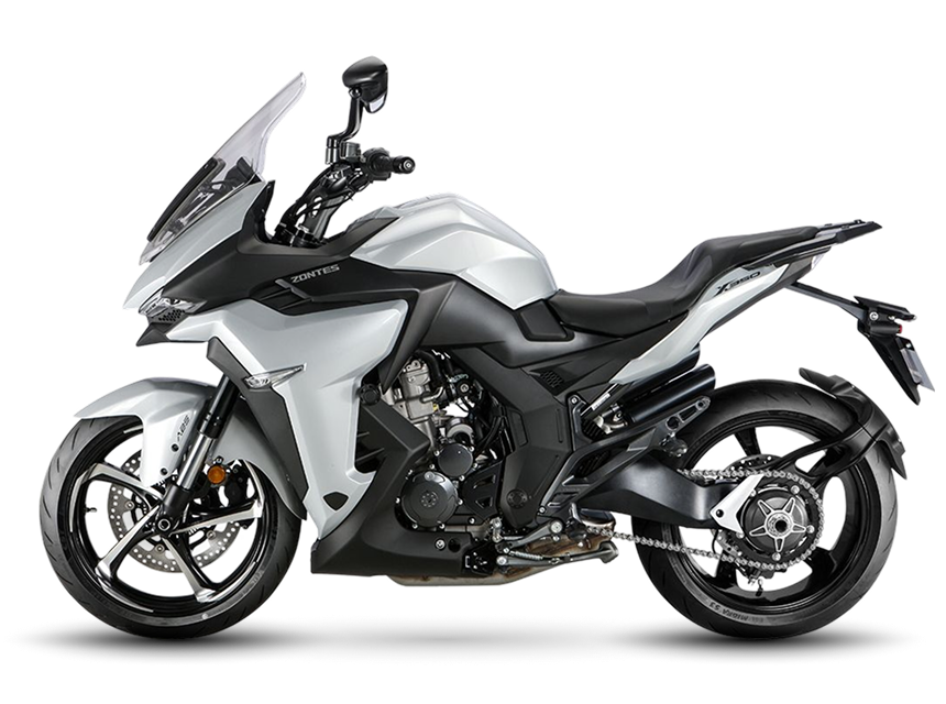 Zontes motos en Uruguay - Zontes 350X en gris claro con silueta alargada, asiento corrido y trazos firmes de enfoque touring. Zontes motos en Uruguay - Zontes 350X gris claro con carroceria extendida, parabrisas elevado y un perfil lateral de estilo rutero.